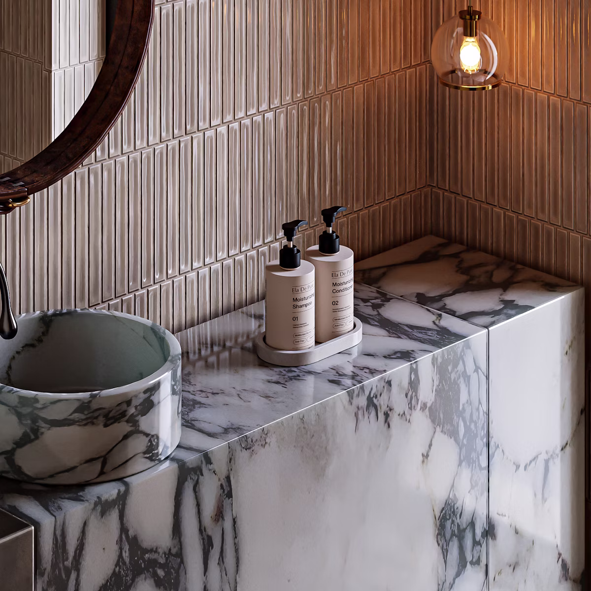 Verde 600mm wall-hung vanity in natural oak with integrated ceramic basin